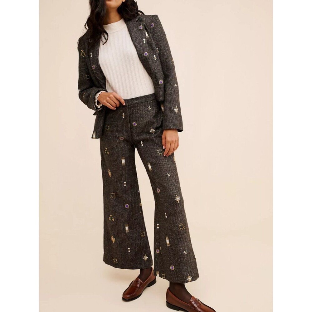Anthropologie Nikita Mhaisalkar Brown Decorated Wool Blend Pants Size M